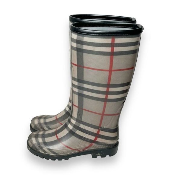 Burberry Grey Black Nova Check Plaid Wellington Rain Boots Women’s 38 (Fit US 8) - Picture 2 of 10